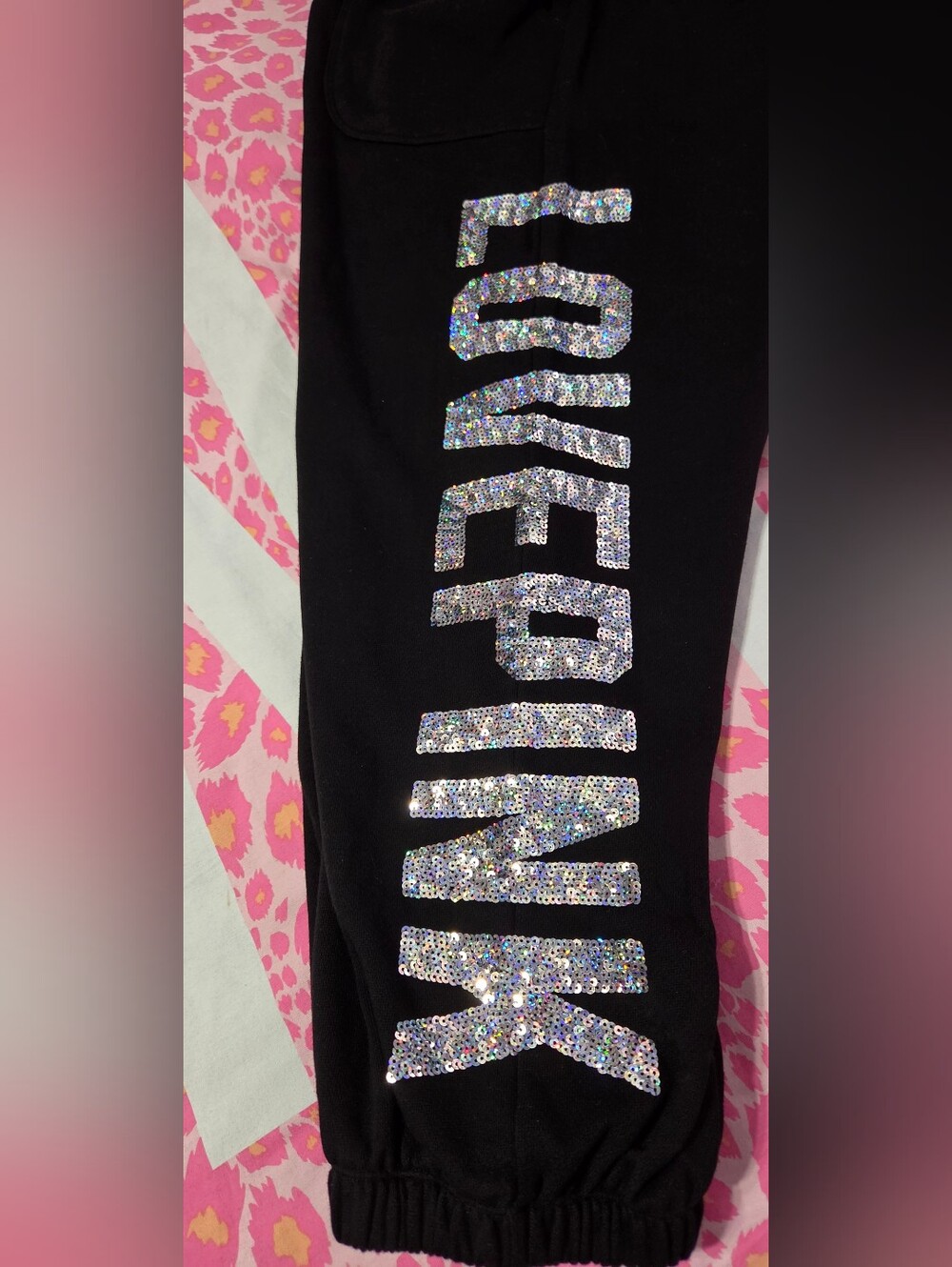 PINK Victoria's Secret Black Capri Jogger Pants with IRRIDESCENT BLING! NWT!